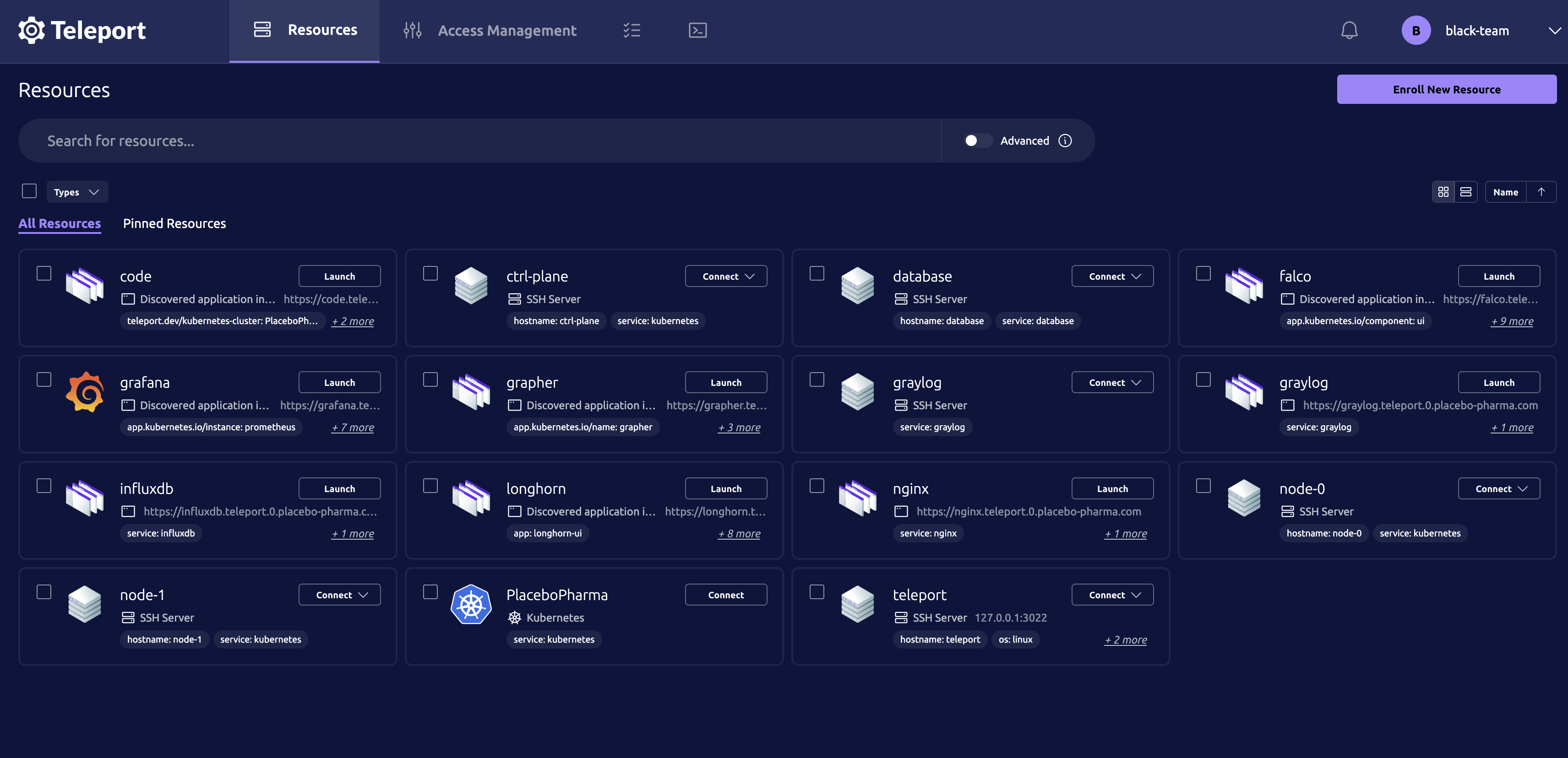 Teleport web resources showing apps